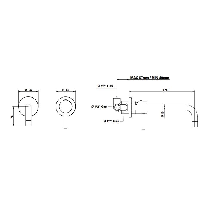 Bongio ON Смеситель для раковины встраиваемый, излив 220 мм, цвет матовый черный хром (без внутр части 09761), артикул 68538NM22PREU