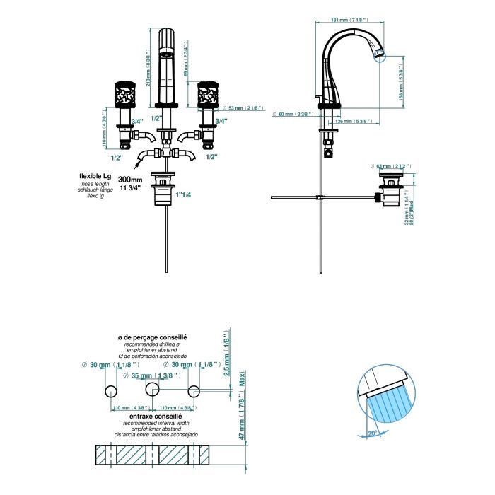 THG HIRONDELLES PLATINUM STAMPED Смеситель для раковины на 3 отверстия, с донным клапаном, цвет Polished nickel