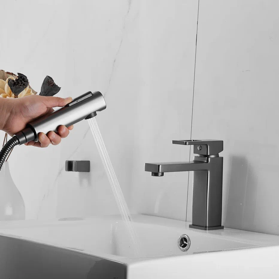 Смеситель для раковины с гигиеническим душем Shevanik S8271T, оружейная сталь