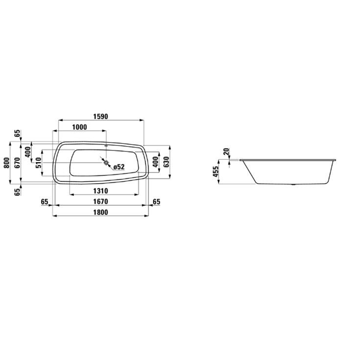 Laufen Palomba Ванна 1800x800x455мм, встраиваемая, ассиметричная, без слив-перелива, борт 20мм, материал: акрил, цвет: белый