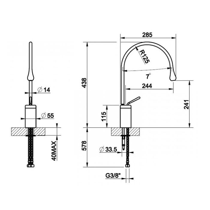 Gessi Goccia Смеситель для раковины на 1 отверстие, высокий, излив 244мм R=125, цвет: черный