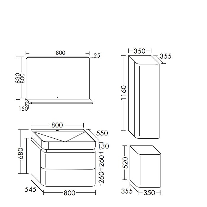 BURGBAD B.ME Комплект мебели 800х550х680 мм., подвесной, 2 ящика, раковина белая матовая с 1 отв., открывание нажатием G0126, цвет белый матовый
