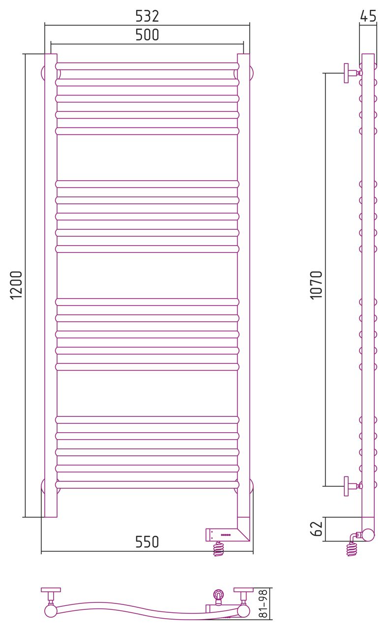 Полотенцесушитель электрический "ФЛЮИД 2.0" 1200х500 / МЭМ правый (Матовый черный)