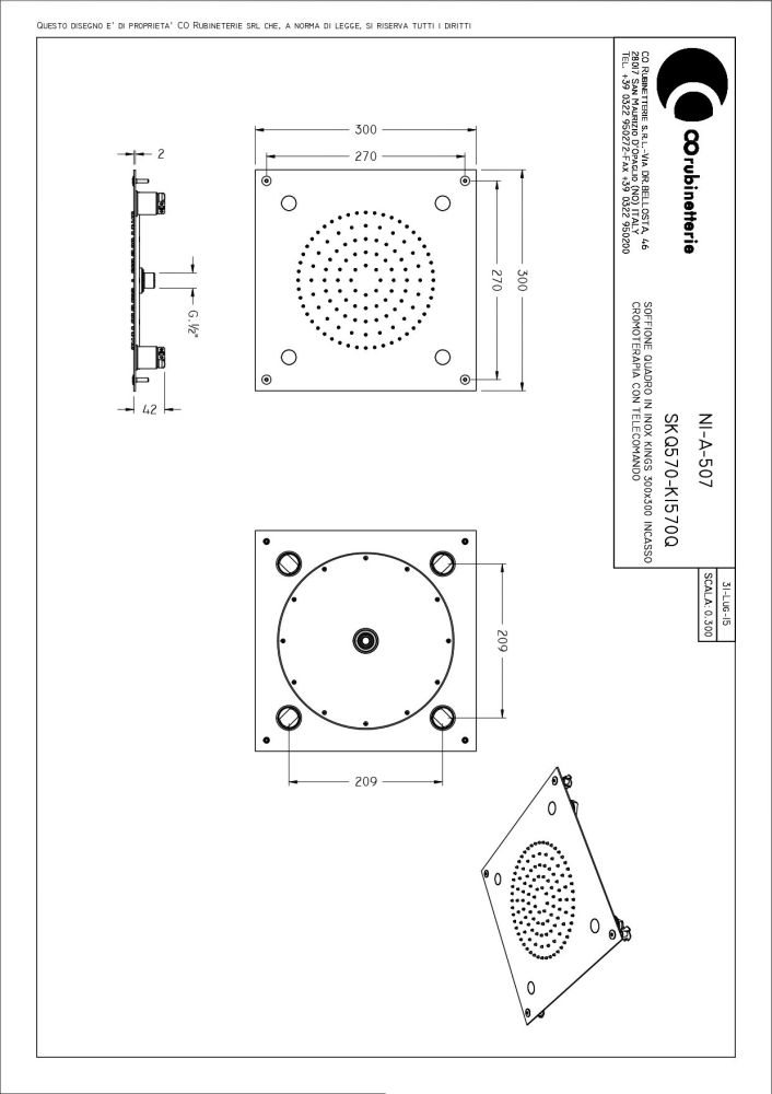 Graffio Kings, квадратная потолочная душевая головка 30х30 см с 7 цветной LED подсветкой, 1 режим: дождь, цвет хром