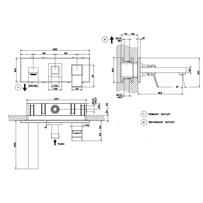 Gessi Rettangolo K Встраиваемый смеситель с изливом и переключателем PUSH(внешние части), цвет: черный