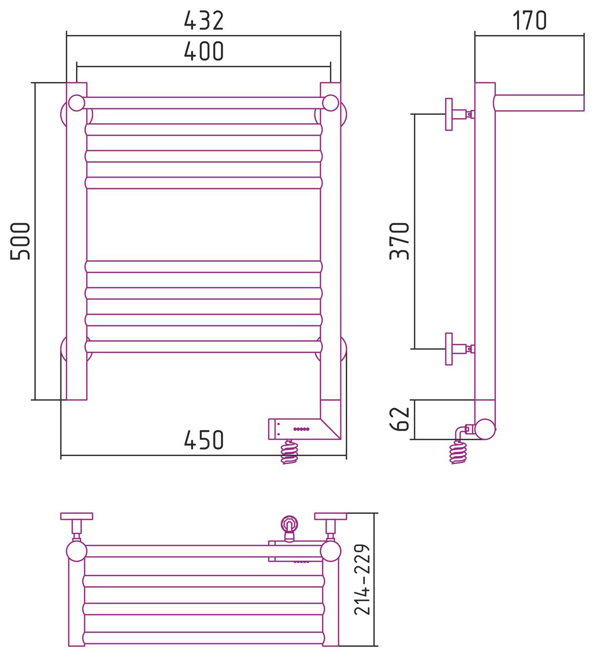 Полотенцесушитель электрический "БОГЕМА 2.0" 1П 500х400 / МЭМ правый (Без покрытия)