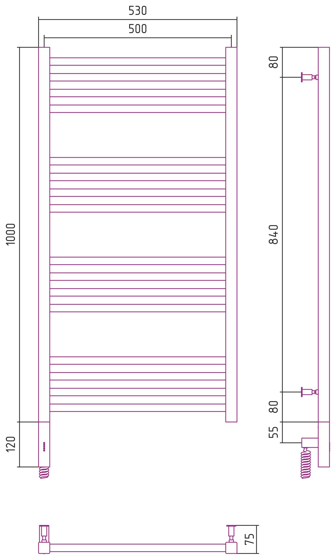 Полотенцесушитель электрический "МОДУС 3.0" 1000х500 / МЭМ левый (Тёмный титан муар)