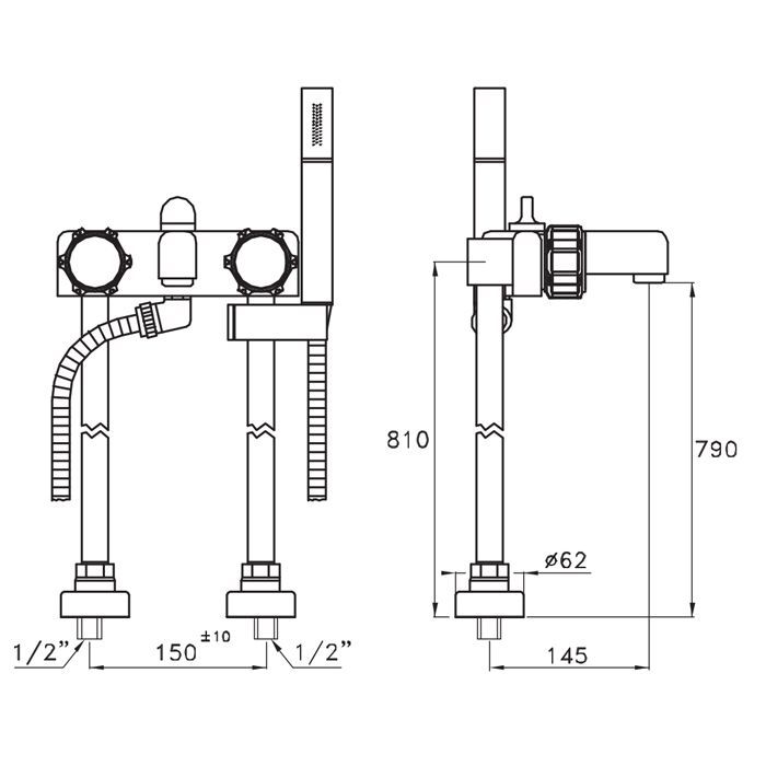 Stella Timeaster Напольный смеситель для ванны 3267/CL306 с ручным душем, ручка d=65мм, цвет: хром, ручка черная