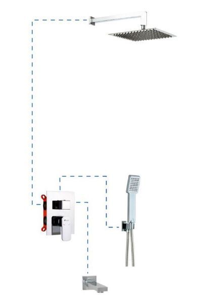 AQG, душевой комплект EC316 на 3 потребителя, с квадратным изливом, с квадратным верхним душем 25х25 см и кронштейном 35 см, цвет хром