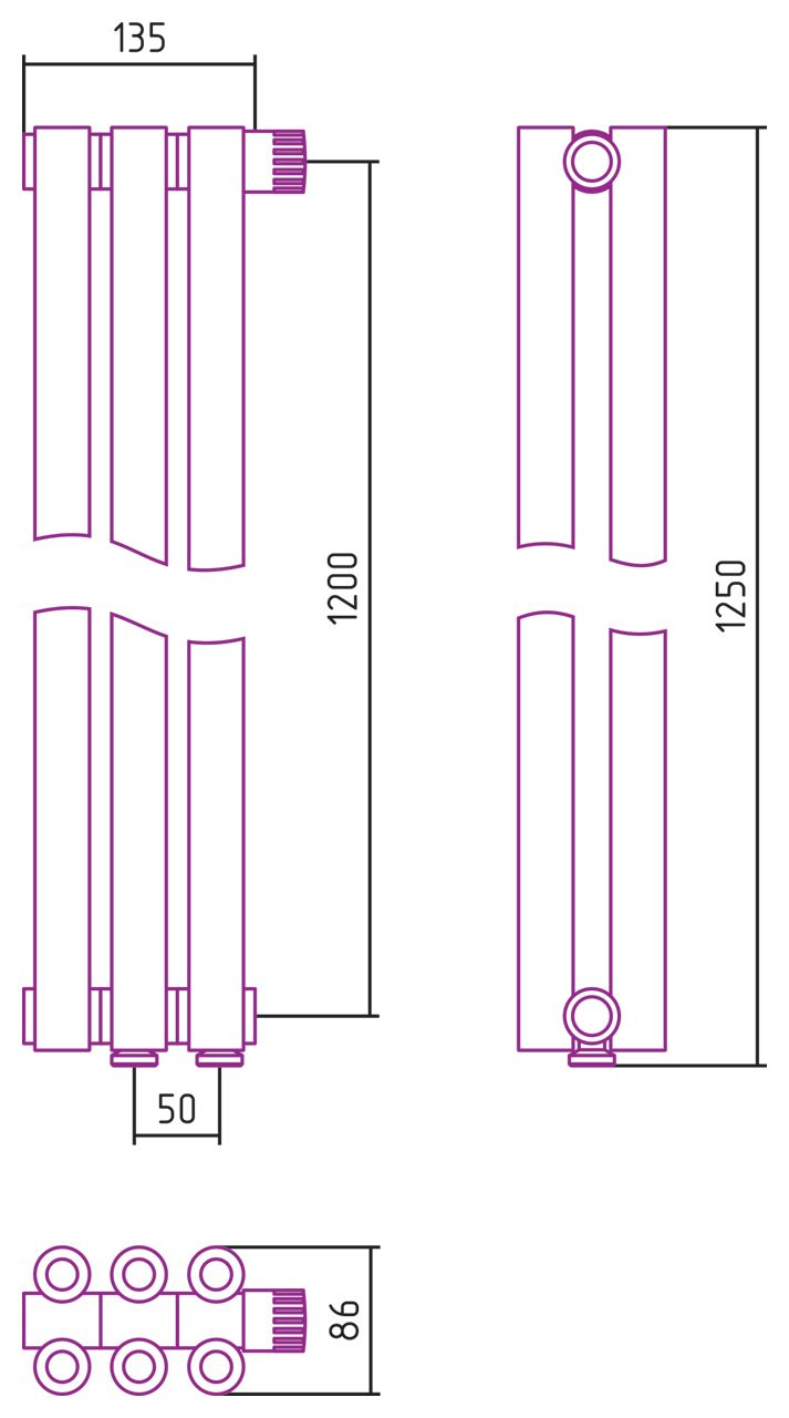 Отопительный радиатор ЭСТЕТ-00 н/ж EU50 1200х135 / 3 сек (Состаренная БРОНЗА)