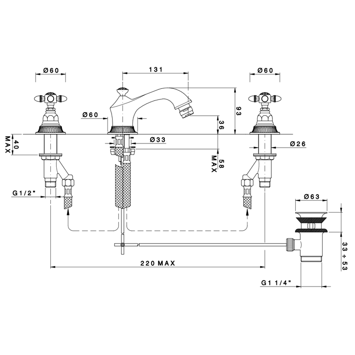 Nicolazzi Impero Смеситель для биде на 3 отверствия  с донным клапаном, излив: 131 мм, цвет: хром
