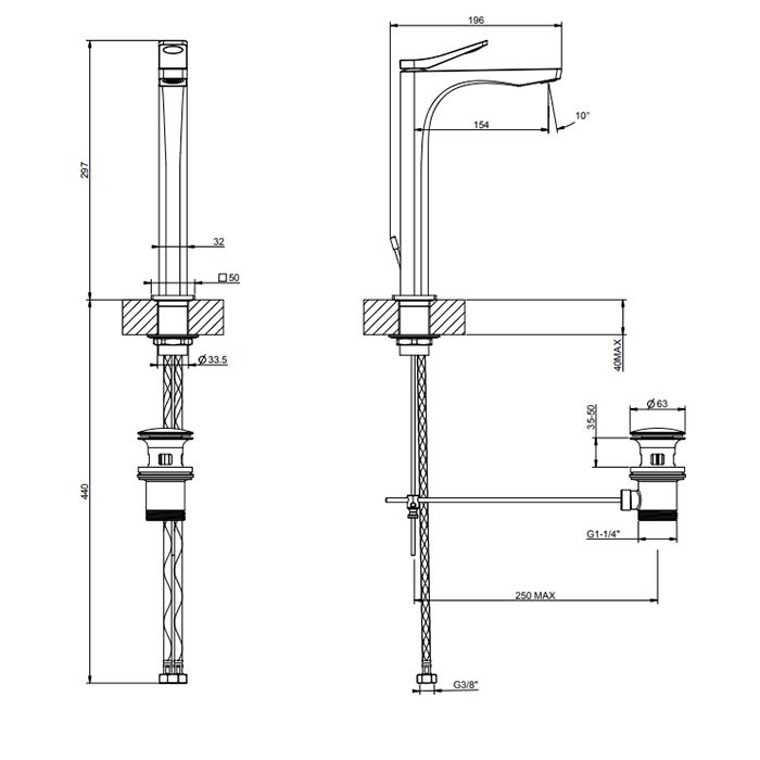 GESSI Rilievo Смеситель для раковины на 1 отв. с донным клапаном  h=297мм, излив 154мм , цвет: nero XL