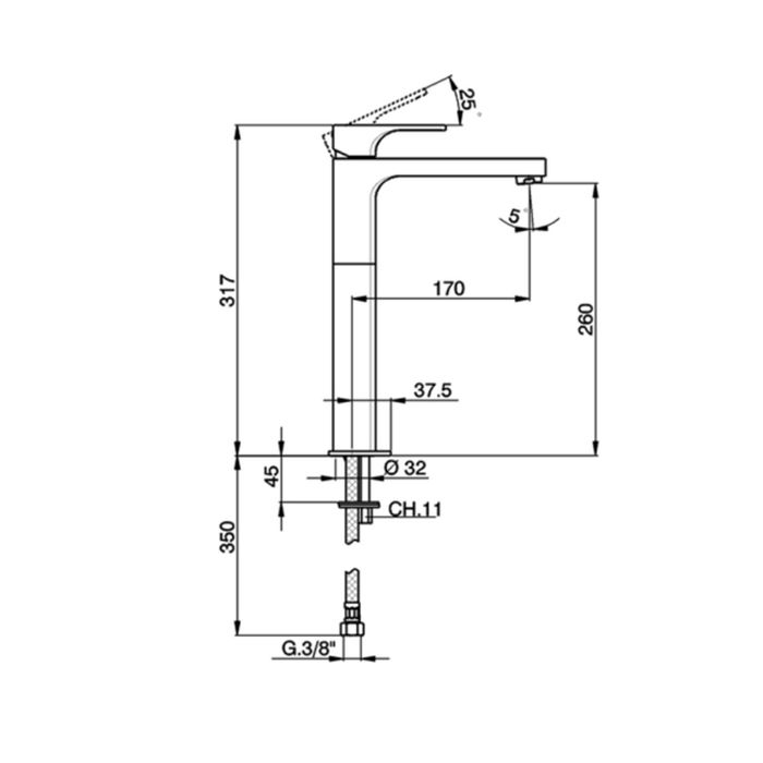 CISAL Cubic смеситель для раквоины на 1 отв, излив 170 мм, цвет Nichel Spazzolato, артикул CU0045412F