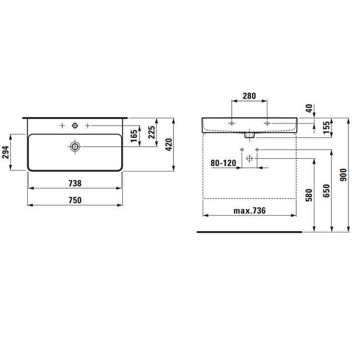 Laufen VAL Раковина 750х420х115мм без отв. под смеситель, с покр. LLC, цвет: белый