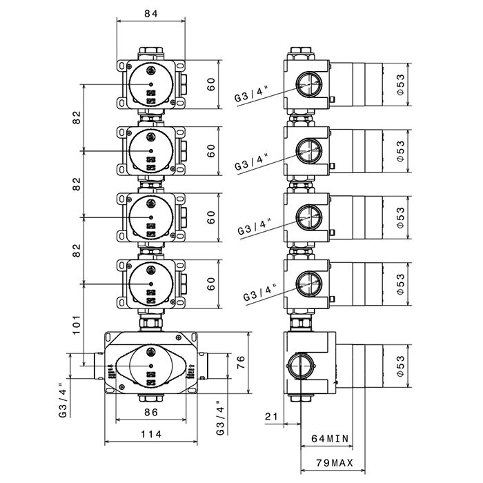 Newform Встраиваемая часть термостатического смесителя 3/4"на 4 источника