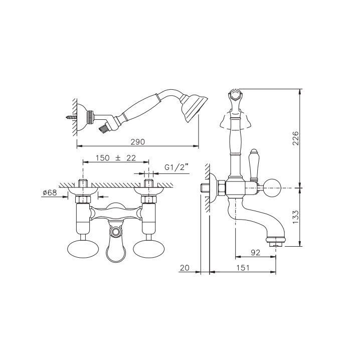 Nicolazzi Cristallo Di Rocca Смеситель для ванны с 2мя ручками, с переключателем ванна/душ, + комплект руч. душа, цвет: золото