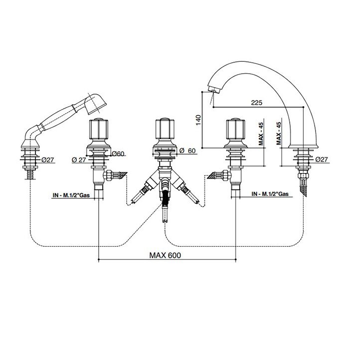 Bongio Fleur Noir Смеситель на борт ванны (5 отв.) с ручным душем, цвет золото/черный фарфор