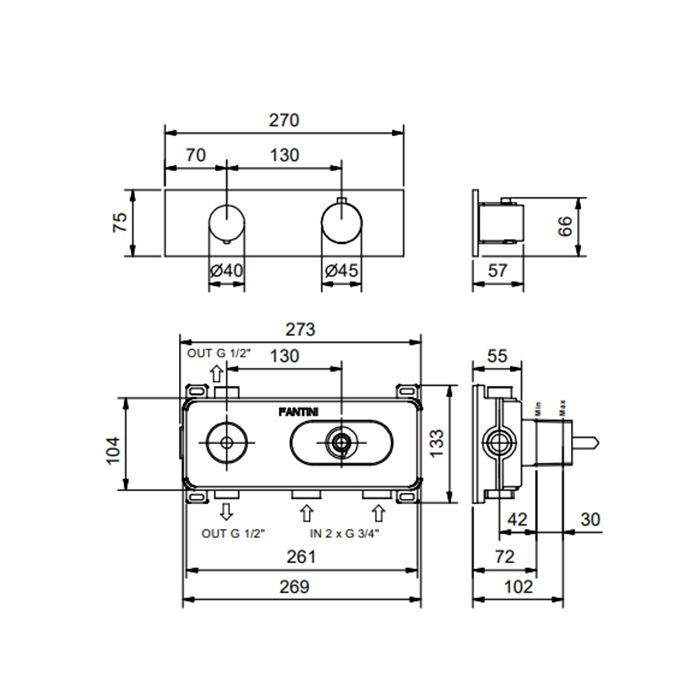 Fantini Nostromo Термостатический встраиваемый смеситель для душа на 2 потока , с поворотной ручкой, отделка матовая натуральная сталь