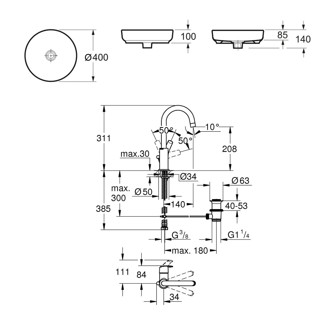 Комплект 2 в 1 Lavinia Boho Bathroom Sink Slim 21510205, накладная фарфоровая раковина 40 см, смеситель с донным клапаном