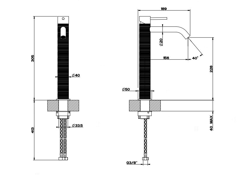 GESSI 316 Смеситель для раковины на 1 отверстие, высокий, h=305мм, без донного клапана, излив 156мм, цвет: steel brushed