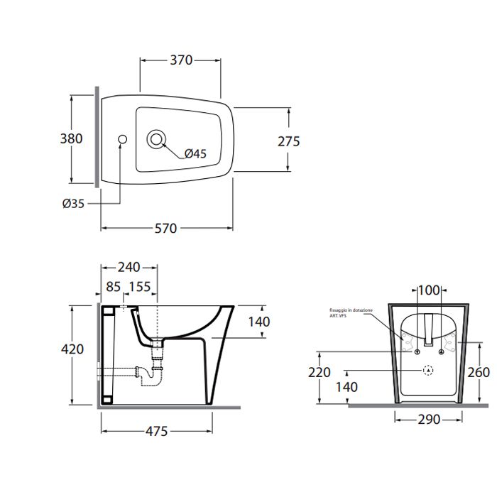 Azzurra Hera Биде напольное приставное 57х38х42 см, с 1 отв под смеситель, с крепежом, цвет белый