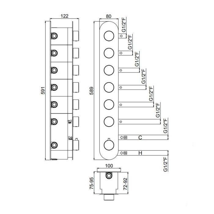 Carimali ILTONDO Внешняя часть вертикальная  термостатического смесителя с 6 запорными вентилями,цвет хром