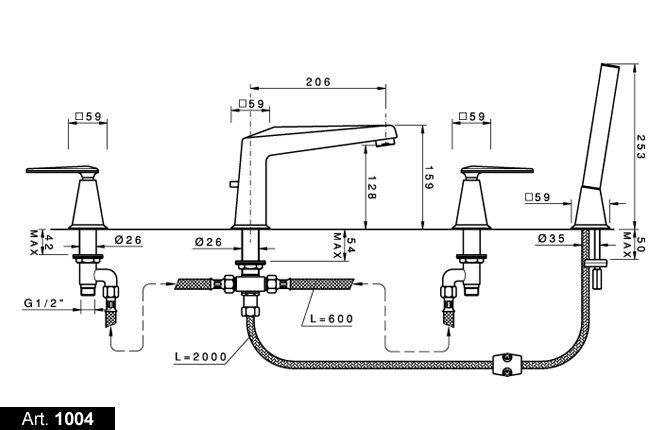 Nicolazzi Vincent Смеситель на борт ванны, 4 отв., излив: 206 мм, с ручным душем, цвет: золото