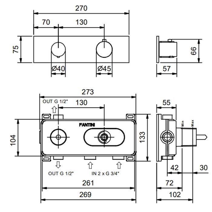 Fantini Nostromo Термостатический встраиваемый смеситель для душа на 2 потока , с поворотной ручкой, цвет Matt Copper PVD