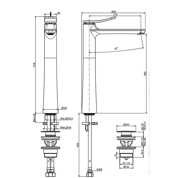 Fima Carlo Frattini Flo Смеситель на раковину, на 1 отв., высокий h:31.8см без донного клапана,, цвет: хром
