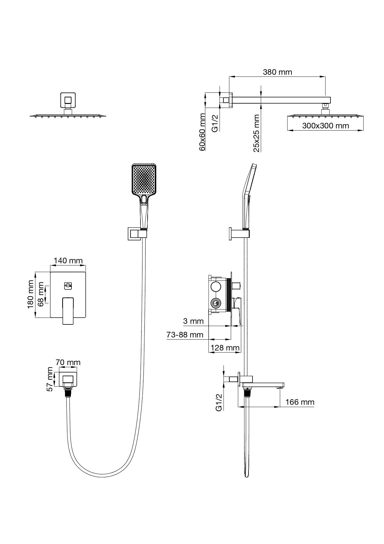 Душевая система встраиваемая WONZON & WOGHAND CUBE 2.0, Черный матовый (WW-88087068-MB)