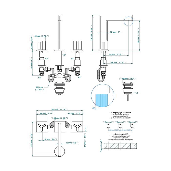 THG ICON-X CARBONE GOLD Смеситель для раковины на 3 отверстия, с донным клапаном, цвет хром