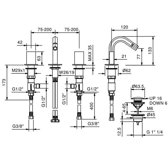 Fantini Venezia Смеситель для биде, 3 отв., с донным клапаном, излив 120мм, цвет: Nickel PVD