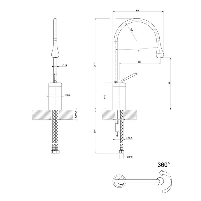 Gessi Goccia Смеситель для раковины на 1 отверстие, высокий, излив 174мм R=90, цвет: черный