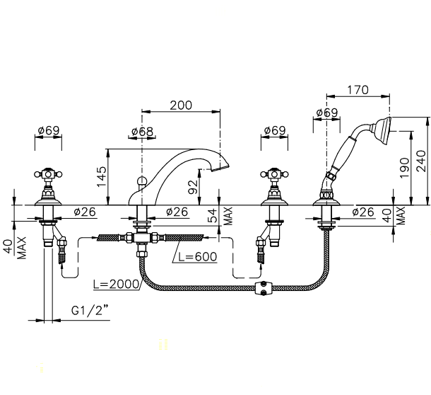 Nicolazzi Half Dome Смеситель для ванны на 4 отверстия, излив: 160мм и ручным душем, цвет: тёмная бронза