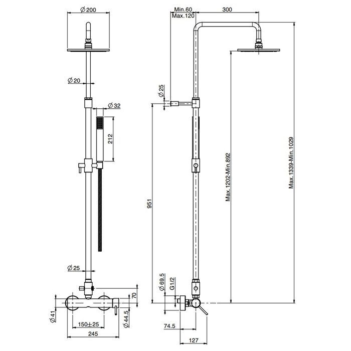 FIMA|Carlo Frattini Spillo Up Смеситель для душа с душевой стойкой, верхним душем Ø 250 мм. и душевым комплектом, цвет хром