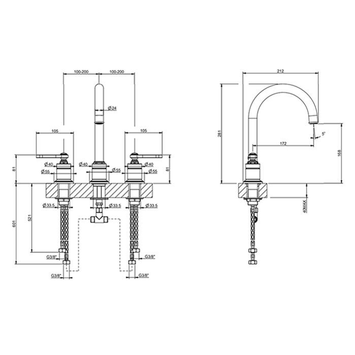 GESSI VENTI20 Смеситель для раковины на 3 отверстия,  излив 172 мм., , цвет Antique Brass
