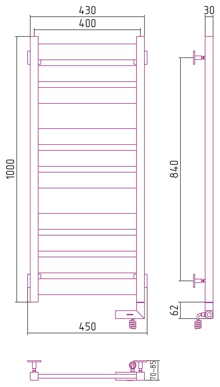 Полотенцесушитель электрический "ЦЕНТУРИОН 2.0" 1000х400 / МЭМ правый (Матовый ЧЁРНЫЙ)