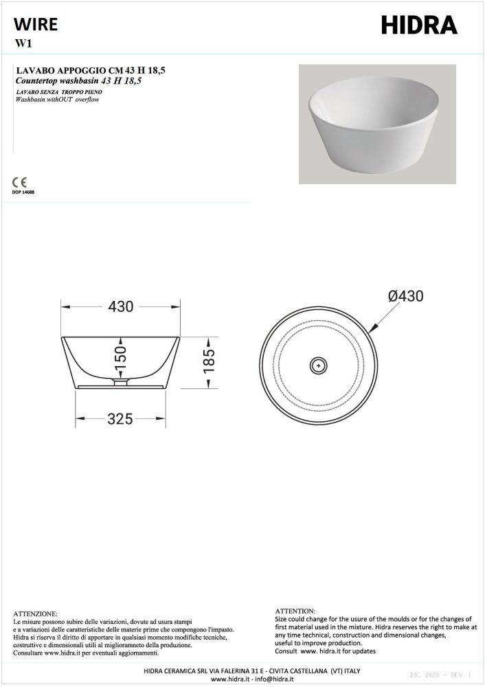Hidra Wire, накладная круглая раковина Ø43х18,5h см, цвет белый глянцевый, артикул W1/001