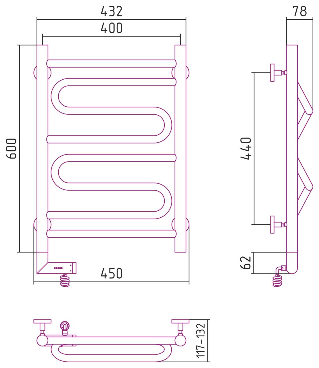 Полотенцесушитель электрический "ЭЛЕГИЯ 2.0" 600х400 / МЭМ левый (Без покрытия)