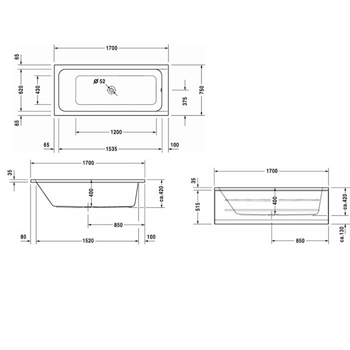 Duravit D-Code  Ванна акриловая прямоугольная 1700х500 мм см, встраиваемая, с 1 наклоном для спины, выпуск центральный , цвет белый
