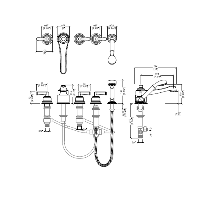 Devon & Devon Manhattan Смеситель на борт ванны на 5 выходов, с переключателем и  ручной лейкой, цвет никель блестящий, артикул MNH450NK