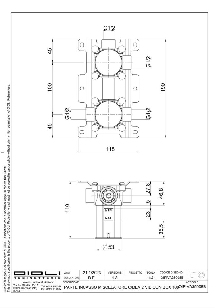 Oioli, внутренняя часть с боксом к встраиваемому в стену смесителю для душа на 2 потребителя, артикул OIPIVA35008B