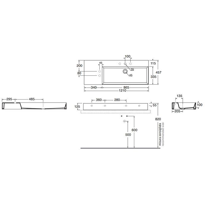 AZZURRA ELEGANCE Squared Раковина подвесная/накладная  122х46х12,5 см с 1 отв. версия левая, под смеситель , цвет белый AZZURRA ELEGANCE Squared Раковина подвесная/накладная  122х46х12,5 см с 1 отв. версия левая, под смеситель , цвет белый