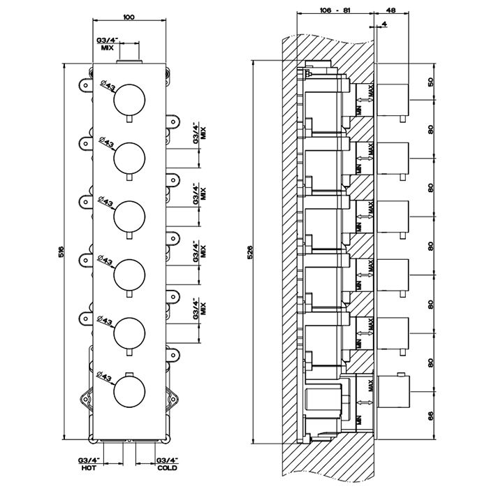 GESSI 316 Встраиваемый термостатический смеситель на 5 источников, резьба 3/4" (внешние части), цвет: brushed black metal pvd