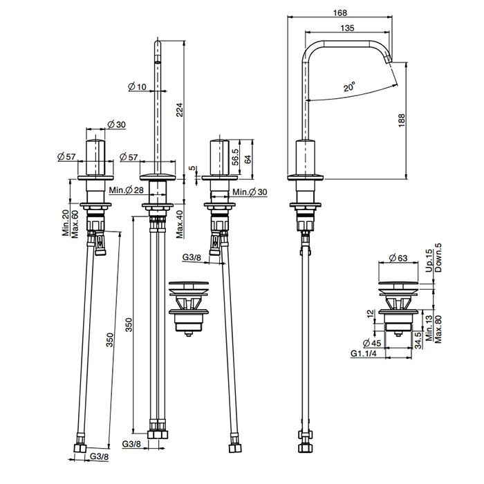 Fima Carlo Frattini So Смеситель для раковины, на 3 отв., с донным клапаном, цвет: чёрный матовый, артикул F3191ANS