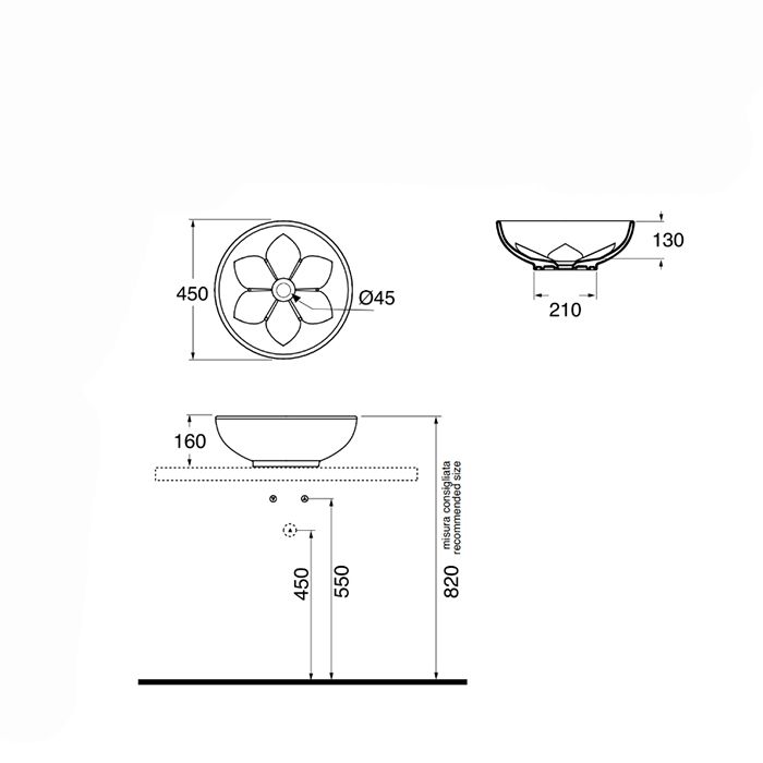 AZZURRA FLEUR Раковина накладная круглая диаметр 45хh16см, без отв. под смеситель, цвет Tortora