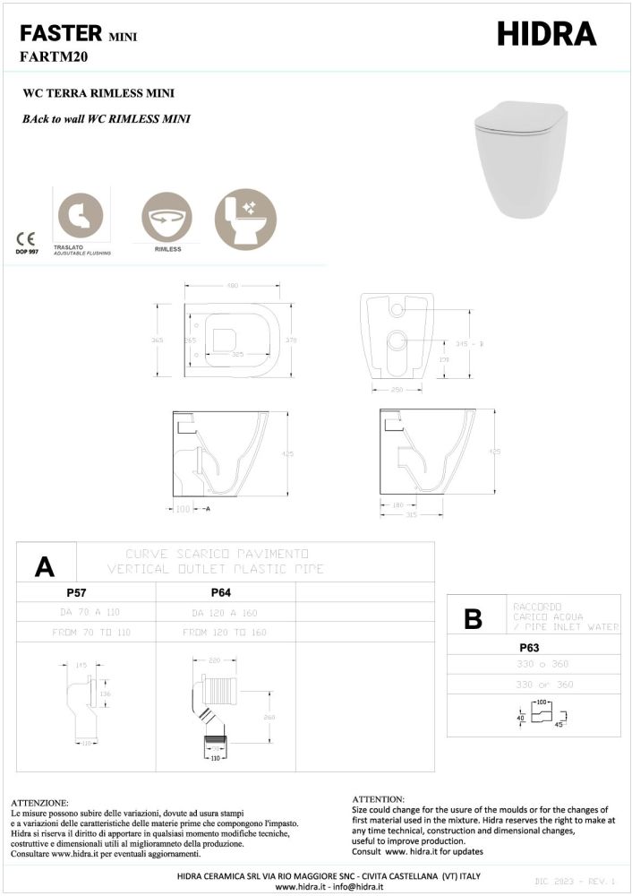 Hidra Faster Mini, напольный безободковый унитаз c крепежом, 48x36,5 см, цвет белый матовый, артикул FARTM20/006