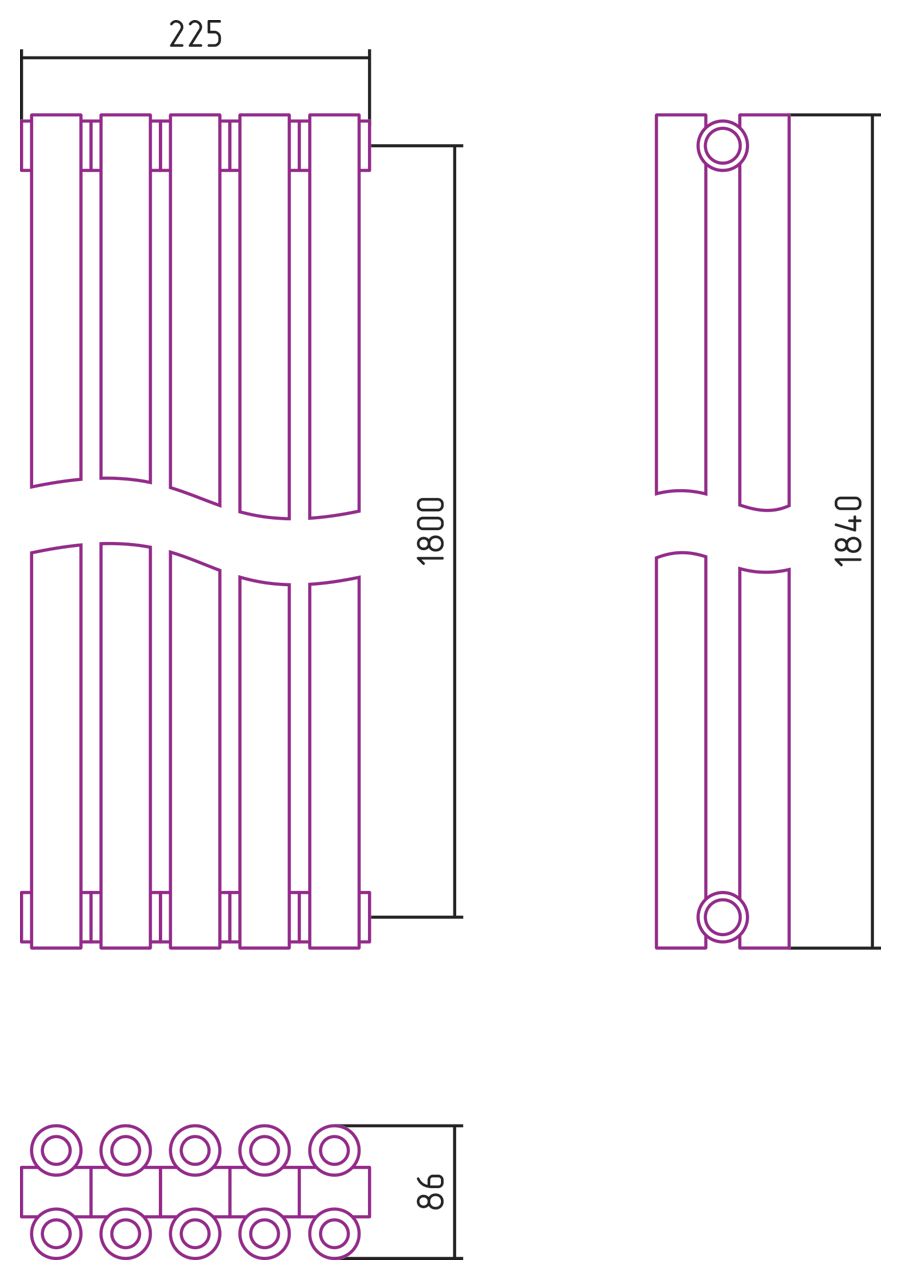 Отопительный радиатор ЭСТЕТ-00 н/ж 1800х225 / 5 сек (ЗОЛОТО)
