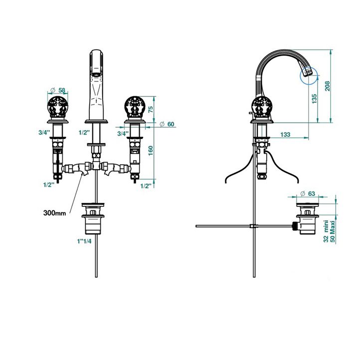 THG FLORE Смеситель для раковины на 3 отверстия, ручки с подсветкой, с донным клапаном, цвет хром
