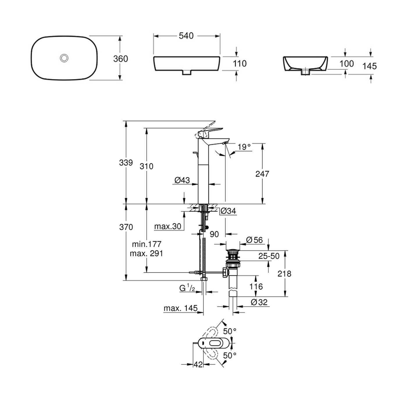 Комплект 2 в 1 Lavinia Boho Bathroom Sink 21510215, накладная фарфоровая раковина 54 см, смеситель с донным клапаном